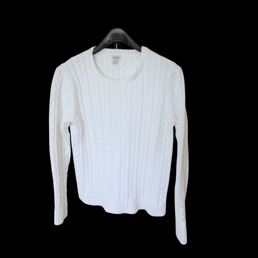 LL‎ Bean Womens White Cotton Cable Knit Crewneck Sweater XL 258841